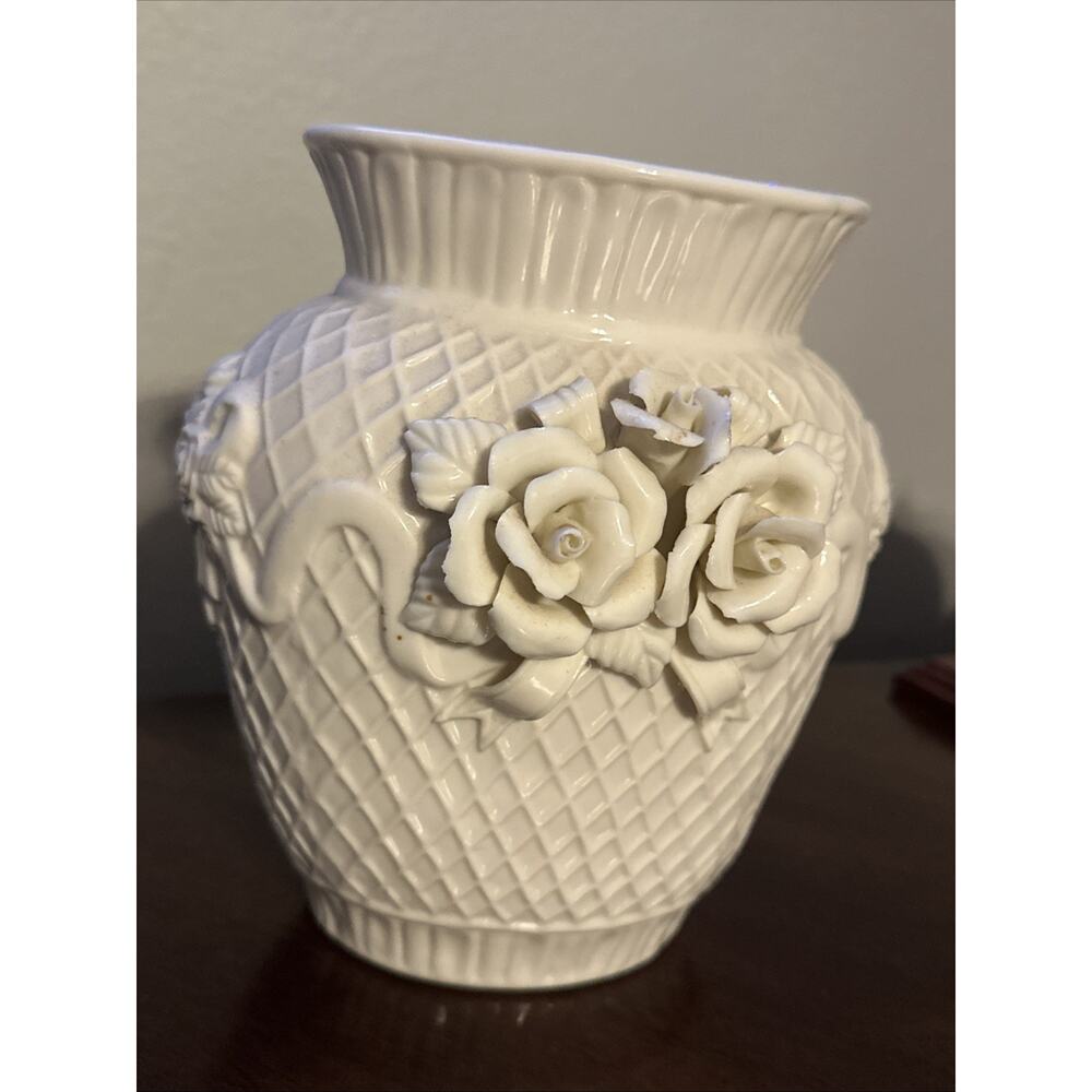 Capodimonte Style Embossed Ivory Vase • 1950s Applied Roses